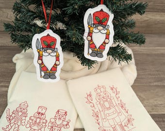 Embroidered Nutcracker Kitchen Towel, Holiday Ornament, Red Cotton Towel