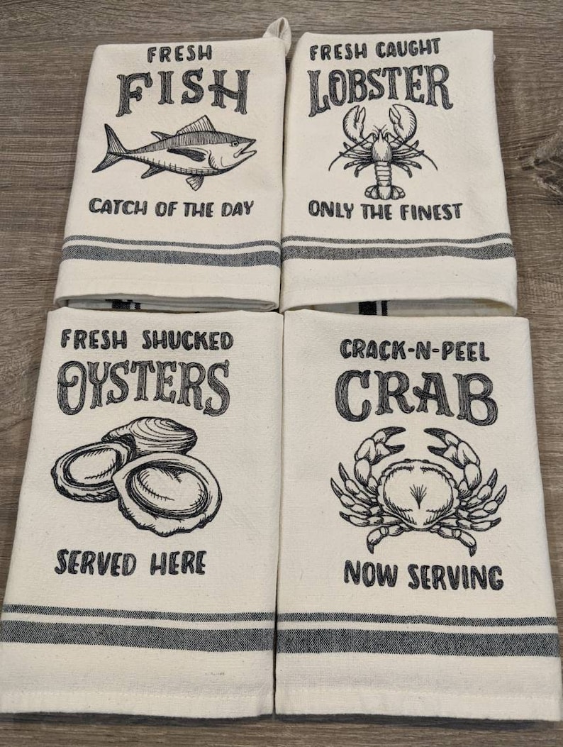 Seafood Towels, Fish, Lobster, Oyster, Crab, farmer market style, embroidered kitchen towel, tea towel, house warming gift, kitchen decor