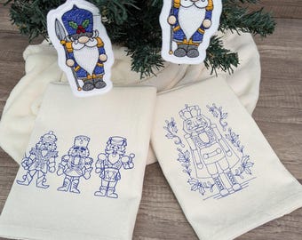 Embroidered Nutcracker Kitchen Towel & Ornament Set, Holiday Decor (Blue)
