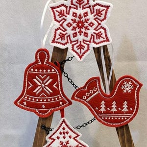 Embroidered ornament, Nordic Scandinavian style ornaments, Red & White ornaments Snowflake, Snowman, Bell, Tree, Bird, felt ornaments
