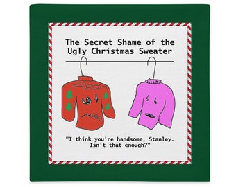 The Secret Shame of the Ugly Christmas Sweater Premium Throw Pillow Cover, zippered throw pillow case only, funny holiday decor