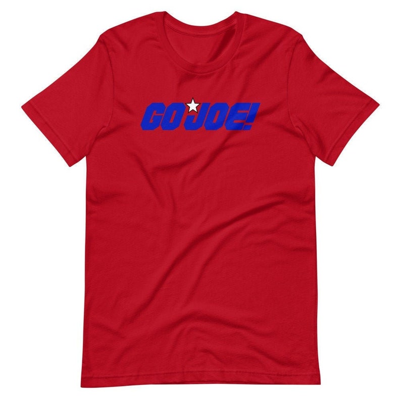 Pro-Biden T-shirt with GO JOE! in Democratic blue color with a white star between the two words on a red T-shirt for the US Presidential Election 2024