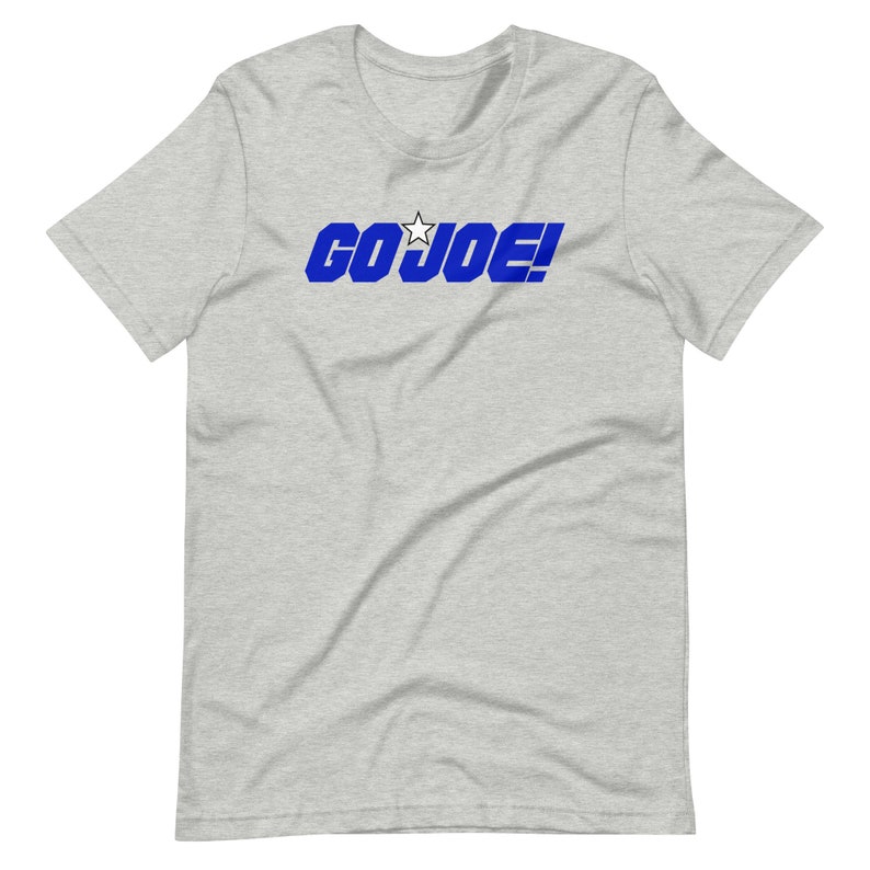 Pro-Biden T-shirt with GO JOE! in Democratic blue color with a white star between the two words on a athletic heather gray T-shirt for the Presidential Election 2024