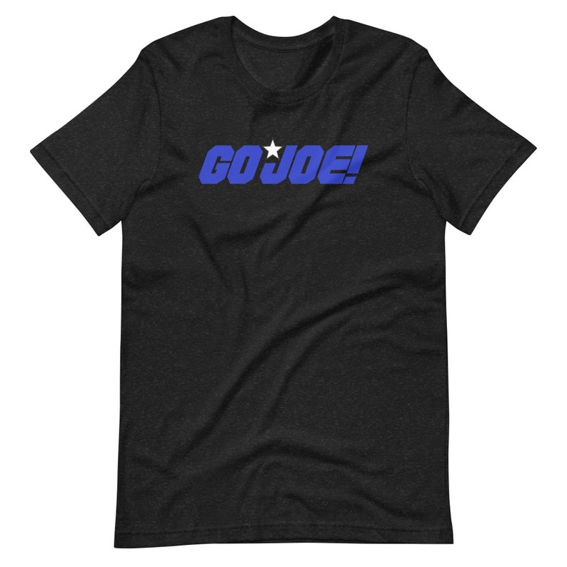 Pro-Biden T-shirt with GO JOE! in Democratic blue color with a white star between the two words on a black T-shirt for Presidential Election 2024
