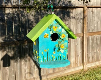 Stained Glass Mosaic Reclaimed Cedar Birdhouse,  Blue Flowers, Garden, Yard Decor