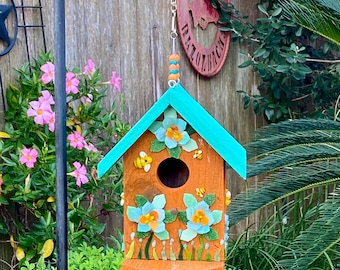 Stained Glass Mosaic Reclaimed Cedar Birdhouse, Summer Flowers, Garden, Yard Decor