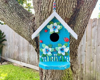 Stained Glass Mosaic Reclaimed Cedar Birdhouse,  White Flowers, Garden, Yard Decor