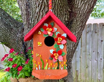 Stained Glass Mosaic Reclaimed Cedar Birdhouse, Summer Flowers, Garden, Yard Decor