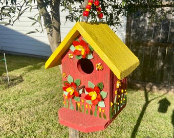 Stained Glass Mosaic Reclaimed Cedar Birdhouse, Summer Flowers, Garden, Yard Decor