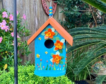 Stained Glass Mosaic Reclaimed Cedar Birdhouse, Summer Flowers, Garden, Yard Decor