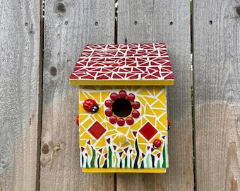 Stained Glass Mosaic Birdhouse, Flowers,  Garden, Yard Decor
