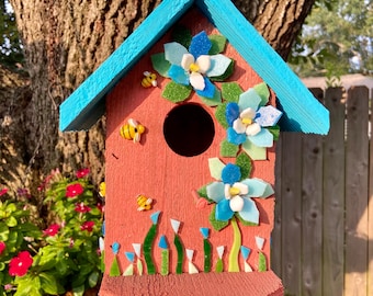 Stained Glass Mosaic Reclaimed Cedar Birdhouse, Summer Flowers, Garden, Yard Decor