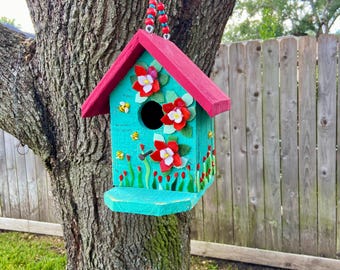 Stained Glass Mosaic Reclaimed Cedar Birdhouse,  Red Flowers, Garden, Yard Decor