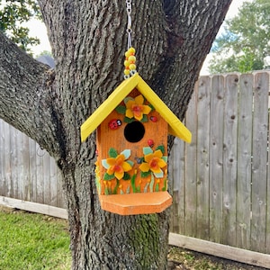 Stained Glass Mosaic Reclaimed Cedar Birdhouse, Yellow and Orange, Garden, Yard Decor