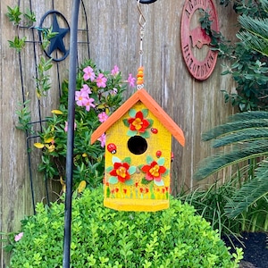 Stained Glass Mosaic Reclaimed Cedar Birdhouse, Yellow and Orange, Garden, Yard Decor