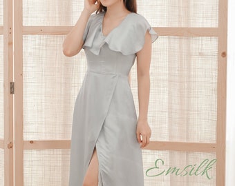 Silver 100% pure mulberry silk dress/women silk dress/simple wedding silk dress/party dress/wrap dress/long silk dress/bridesmaid dress