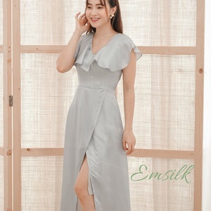 Mulberry Silk Wrap Dress: Ruffle Neckline, Side Slit, Party or Bridesmaid
