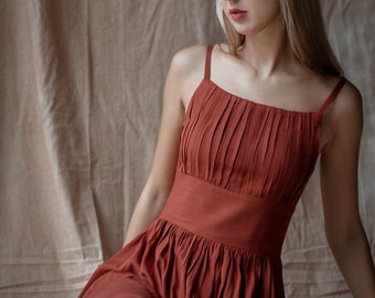 Vestido de lino plisado de color naranja óxido / Vestido de verano de lino / Vestido de lino lavado y suave / Vestido estilo delantal / Vestido de té de lino / Vestido de lino color cobre