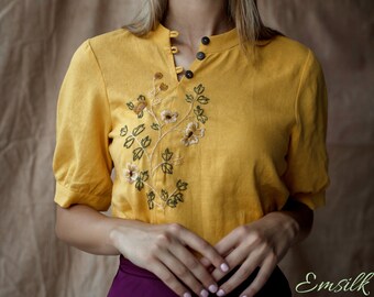 Handgemachte Gelbe Leinen Top: Blumen Stickerei, Kurzarm Sommer Top