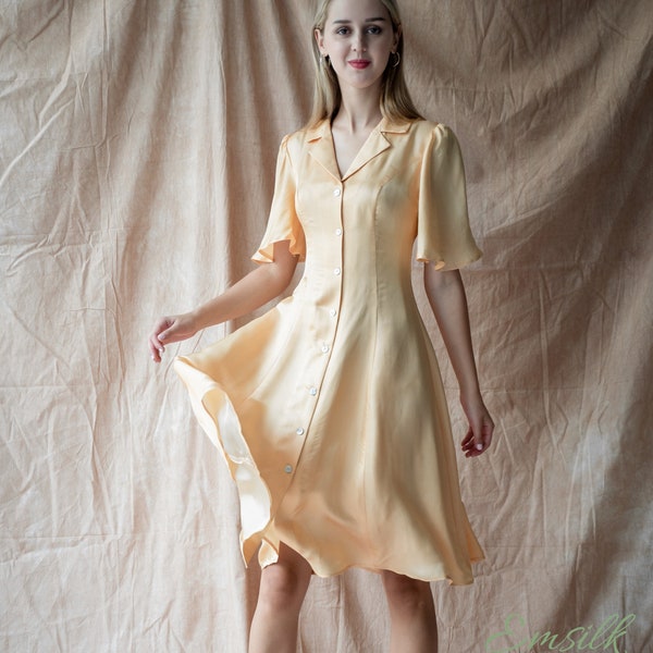 100 percent pure silk Yellow Silk Dress: Handmade Mulberry Silk, Pearl Buttons