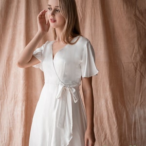 Ivory white dress/Luxury 100% pure mulberry silk/bridesmaid dress/ruffle sleeves/wrap dress/wrap hem dress/simple wedding dress/silk dress