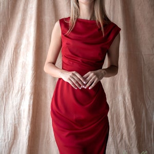 Burgundy draped casual 100% silk dress/women silk dress/pencil silk dress/side slit detail/boat neckline/women work dress/red silk dress image 1