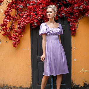 Lavender Silk Dress: Puffed Sleeves Charmeuse Bridesmaid Dress