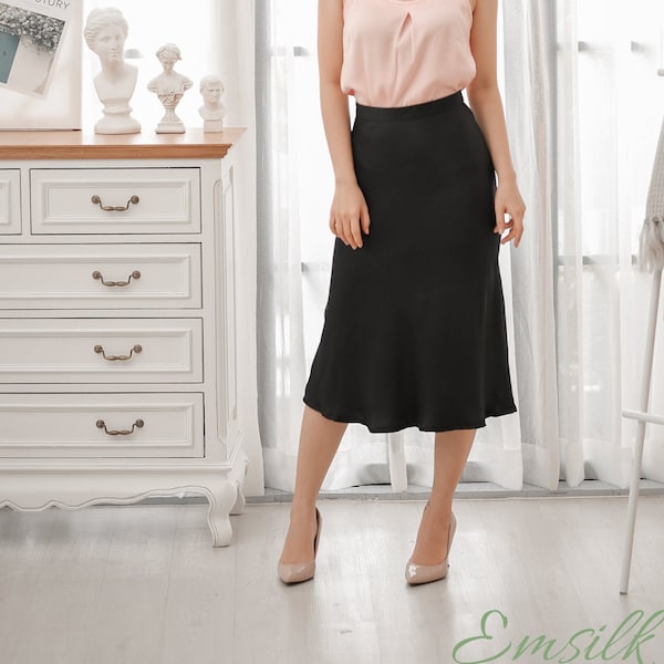 Bias Cut Black 100% silk slip skirt/silk slip skirt/fall outfit/women skirt/midi silk skirt/street style/A-line silk slip outfit