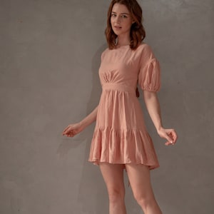 Pale Pink Linen Backless Mini Dress: Ruffle Hem Tea Dress