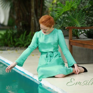 Mint Silk Dress: Long Sleeve A-Line Mulberry Silk