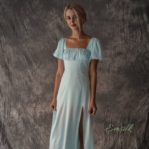 Pale blue puffed sleeves 100% silk dress/flare dress/front slit/bridesmaid dress/midi silk dress/women dress/puffed sleeves detail image 3