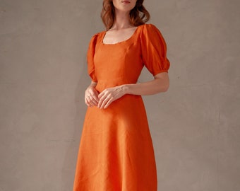 Oranje premium linnen jurk/linnen zomerjurk/gewassen en zachte linnen jurk/formele stijl jurk/linnen thee jurk/werklinnen jurk/A lijn jurk
