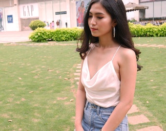 Mulberry Silk Cowl Neck Cami Top: Adjustable Spaghetti Straps
