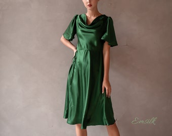 100% pure silk women casual dress/ Bias cut Emerald green midi dress for work/cowl neck dress/formal silk dress/office wear /meeting dress