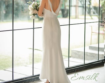 Luxury 100% pure mulberry simple wedding dress/bridesmaid dress/long train dress/women party dress/minimalist wedding dress/cowl neck dress