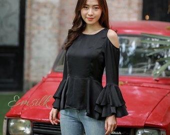 Black 100%  silk top/off shoulder top/ ruffle sleeves/women silk top/boat neck top/summer silk top/off shoulder shirt/blouse for women