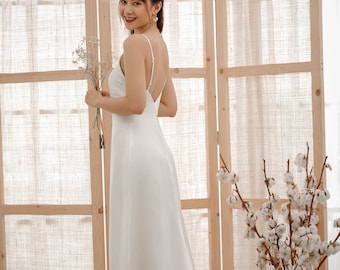 Minimalist long train wedding 100% silk dress/simple wedding dress/bridesmaid dress/women wedding dress/silk slip wedding