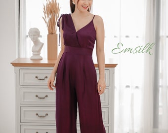 Plum Silk Jumpsuit: Wide Leg Wrap Romper, Handmade