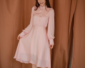 Long sleeves flare 100% silk dress/high neck/women pink silk dress/bridesmaids dress/ long sleeves/pearl buttons/women tea dress