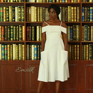 Off-Shoulder Linen Dress: Handmade Tea Dress with Pockets