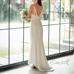 Mulberry Silk Cowl Neck Wedding Dress: Long Train, Minimalist Party Gown