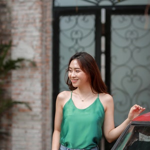 100% Silk Camisole Top/Real silk top/Mint Satin silk top/spaghetti straps/tank top/women summer top/crop top /adjustable crossed straps