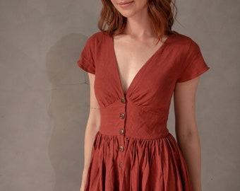 Vestido corto de lino de color naranja óxido / Vestido de lino de verano / Vestido de lino lavado y suave / Vestido de lino de té / Vestido de lino color cobre / Vestido de lino con botones