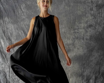 Oversize black 100% silk slip dress/maternity dress/free size silk dress/Long bias cut silk dress/winter silk dress/casual silk dress