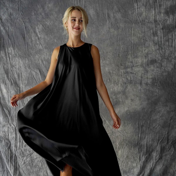 Oversize black 100% silk slip dress/maternity dress/free size silk dress/Long bias cut silk dress/winter silk dress/casual silk dress