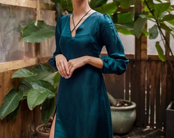 Teal silk dress 100% charmeuse silk/V neck/bridesmaid dress/long sleeves tea dress/teal silk party dress/Midi silk dress/front slit