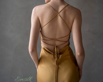 Gold Bias cut Long 100% silk slip/ Yellow cowl backless silk slip dress/Deep V neck/bridesmaid dress/simple party dress/summer silk dress