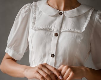 Ready to ship size S linen dress with collar/linen summer dress/ Washed and soft linen dress/puffed sleeves linen dress/Linen Tea dress