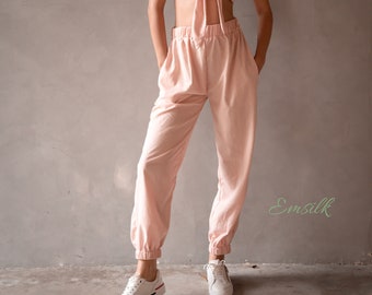 Pale Pink Linen set  /linen summer pants and crop top/ Washed and soft linen dress/Linen trousers and tied front top