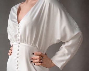 100 percent pure silk Ivory Silk Wedding Dress: Bat Sleeves, Button Front, Minimalist Bridal